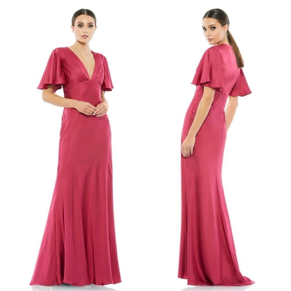 Mac Duggal Nwt V-Neck Short Flounce Sleeve A-Line Dress In Raspberry Siz